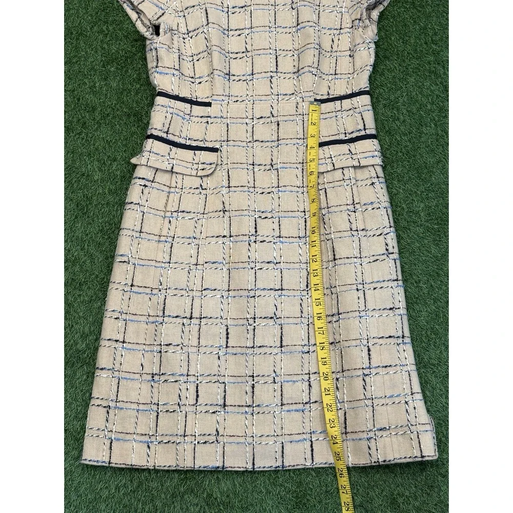 Tory Burch Evie‎ Career Dress Size 10 Woven Neutral Tan Blue Quiet Luxury